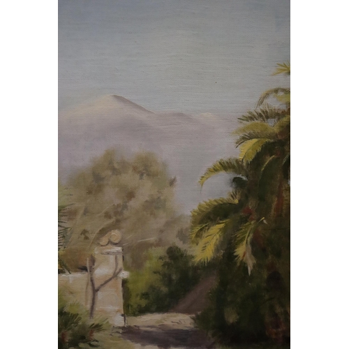 996 - AN OIL ON CANVAS, 'PALMS BEFORE ETNA', SICILY, INDISTINCT SIGNATURE, IN GILT FRAME, 27CM X 37CM