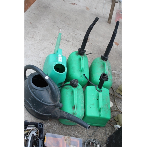 2211 - FOUR PLASTIC FUEL CANS, TWO WATERING CANS AND AN ASSORTMENT OF HAND TOOLS