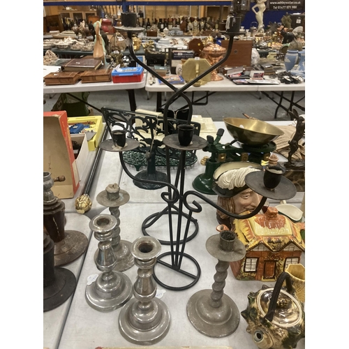 983 - TWO PAIRS OF SILVER PLATED CANDLESTICKS PLUS TWO METAL CANDLE HOLDERS