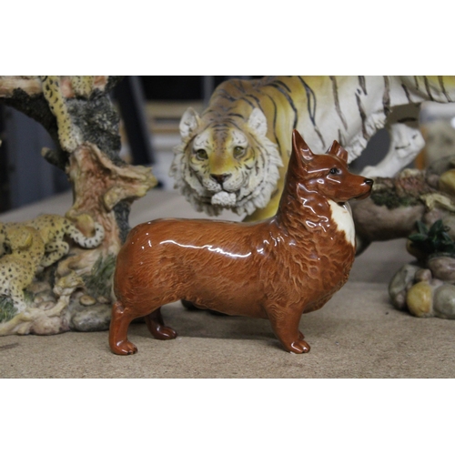 1195 - A MIXED LOT OF CERAMICS TO INCLUDE BESWICK CORGI FIGURINE (A/F) PLUS TWO TIGER AND LEOPARD SCULPTURE... 