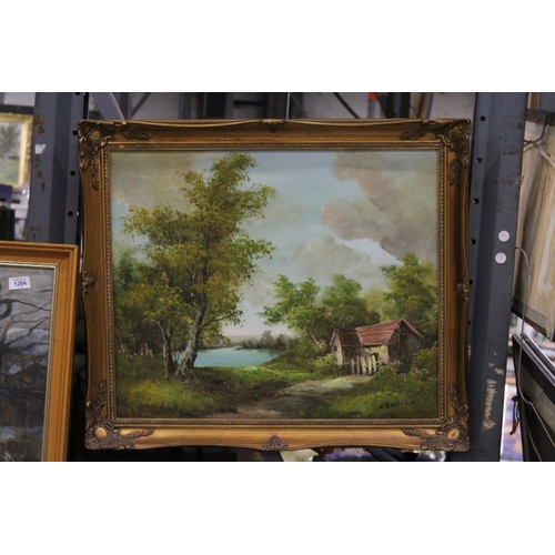 1202 - A GILT FRAMED OIL ON CANVAS OF A COTTAGE AND LAKE SCENE, SIGNED I CAFIERI, 70CM X 60CM