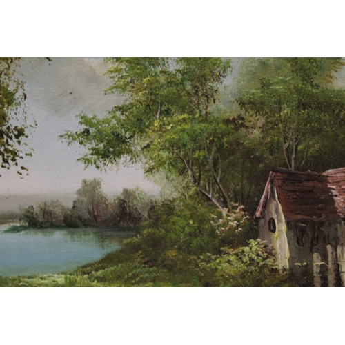 1202 - A GILT FRAMED OIL ON CANVAS OF A COTTAGE AND LAKE SCENE, SIGNED I CAFIERI, 70CM X 60CM