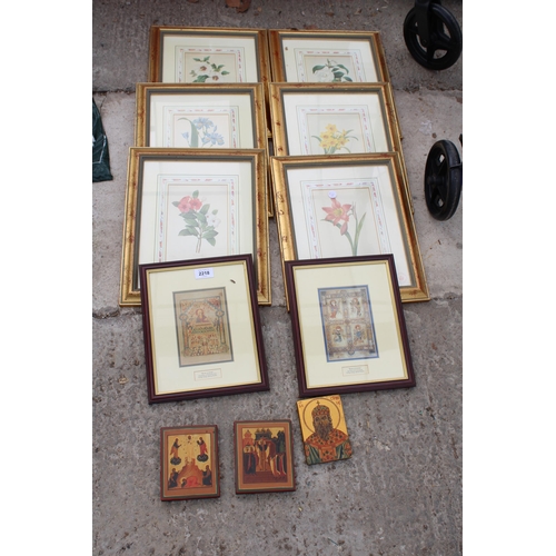 2218 - A COLLECTION OF FRAMED PRINTS TO INCLUDE, TWO ORIENTAL STYLE LACQUERED WALL PLAQUES