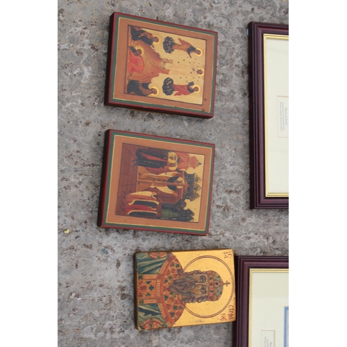 2218 - A COLLECTION OF FRAMED PRINTS TO INCLUDE, TWO ORIENTAL STYLE LACQUERED WALL PLAQUES