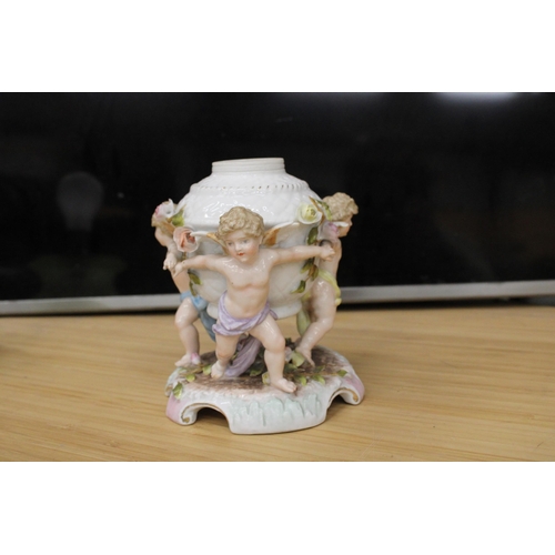 23A - A MEISSEN STYLE PORCELAIN OIL LAMP BASE IN THE FORM OF CHERUBS