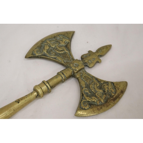 166 - A SOLID BRASS DOUBLE SIDED BATTLE AXE