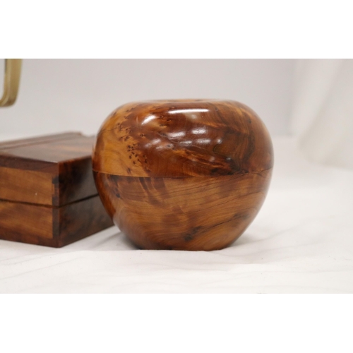 204 - A THUYA APPLE SHAPED WOODEN BOX TOGETHER WITH FURTHER OBLONG SHAPED BOX AND COW HORN SOLDIERS MUG ET... 