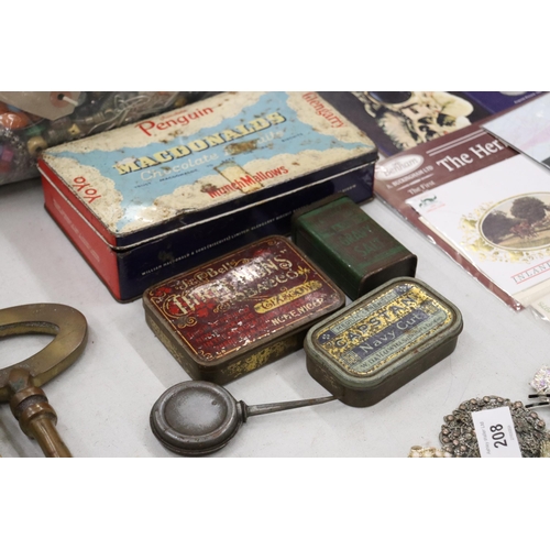 206 - A SELECTION OF VINTAGE TINS PLUS AN OIL CAN