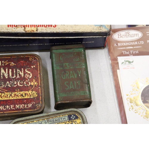 206 - A SELECTION OF VINTAGE TINS PLUS AN OIL CAN