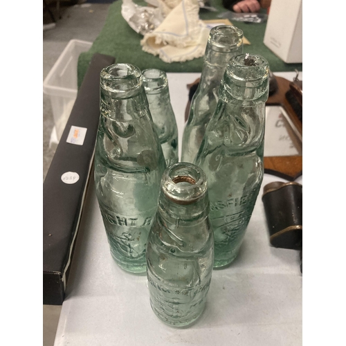 250A - FIVE VINTAGE GLASS COD BOTTLES WITH MARBLE STOPPERS