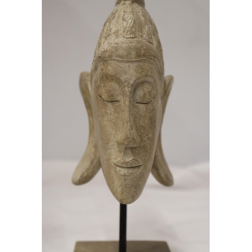 861 - TWO BUDDAH HEADS ON STANDS, HEIGHT 27CM