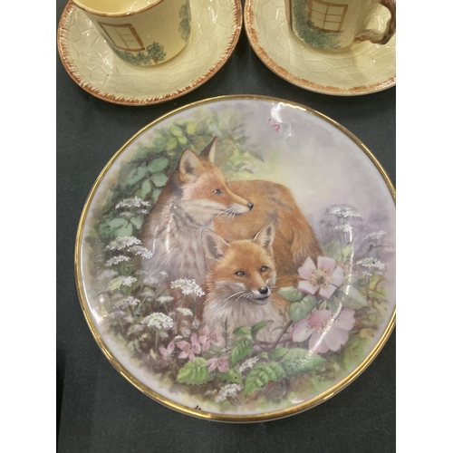 964 - FOUR KEELE ST, POTTERY COTTAGE THEMED CUPS AND SAUCERS,A ROYAL WORCESTER TEACUP AND TWO FOX THEMED C... 