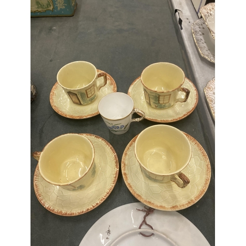 964 - FOUR KEELE ST, POTTERY COTTAGE THEMED CUPS AND SAUCERS,A ROYAL WORCESTER TEACUP AND TWO FOX THEMED C... 