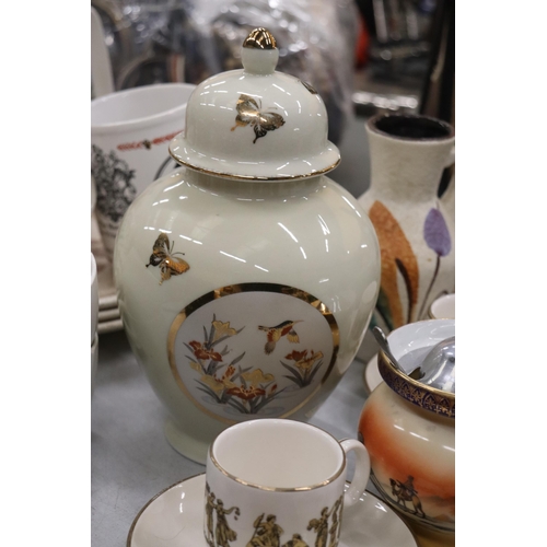 974 - A QUANTITY OF CERAMICS TO INCLUDE CLASSICAL THEMED CUPS AND SAUCERS, PLATES, A LIDDED JAR, PRESERVE ... 