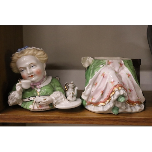 1070 - TWO VINTAGE ORIGINAL CONTA AND BOHME GERMAN TOBACCO JARS, A MAN AND A LADY WITH A CUP OF TEA, GOOD C... 