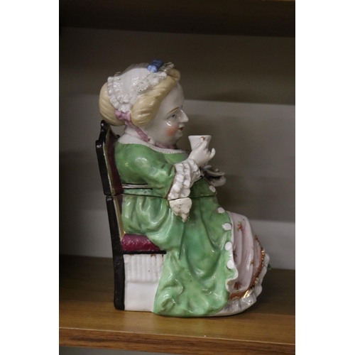 1070 - TWO VINTAGE ORIGINAL CONTA AND BOHME GERMAN TOBACCO JARS, A MAN AND A LADY WITH A CUP OF TEA, GOOD C... 