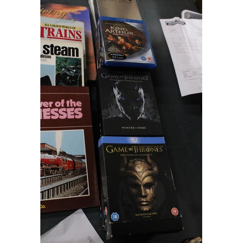 1075A - A QUANTITY OF BLU-RAYS, TO INCLUDE GAME OF THRONES TOGETHER WITH FOUR HARDBACK RAILWAY BOOKS