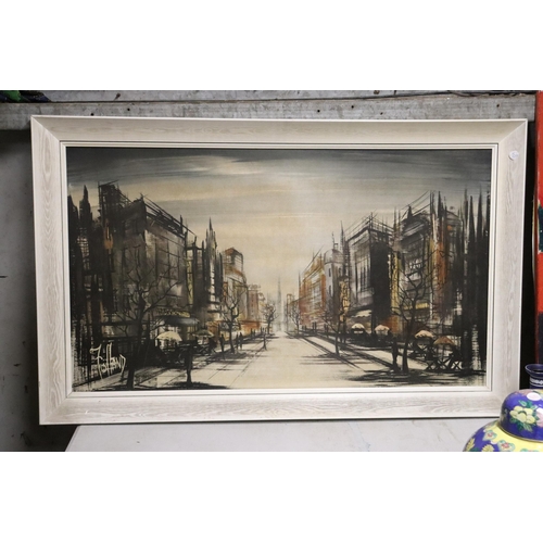 1159 - A LARGE FRAMED PRINT ON BOARD ABSTRACT STREET SCENE SIGNED FOLLAND APPROXIMATELY 104CM BY 65CM