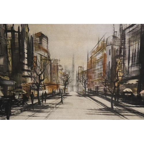 1159 - A LARGE FRAMED PRINT ON BOARD ABSTRACT STREET SCENE SIGNED FOLLAND APPROXIMATELY 104CM BY 65CM