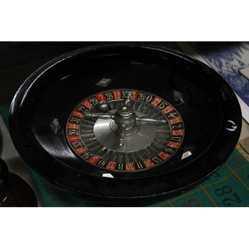 1175 - A VINTAGE ROULETTE WHEEL, FELT GAME BOARD AND COUNTERS