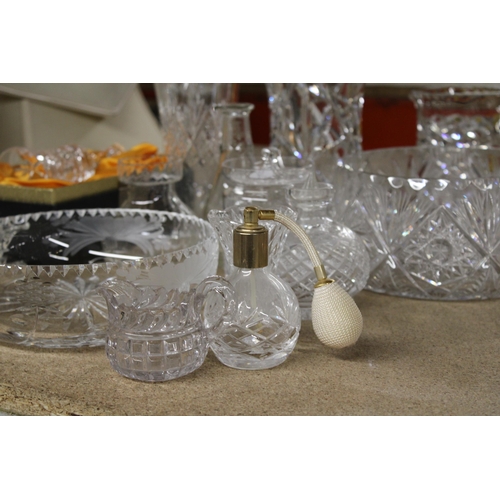 1235 - A QUANTITY OF HEAVY CUT GLASS TO INCLUDE VASES, BOWLS, JUGS, A PERFUME ATOMISER, BELL, ETC