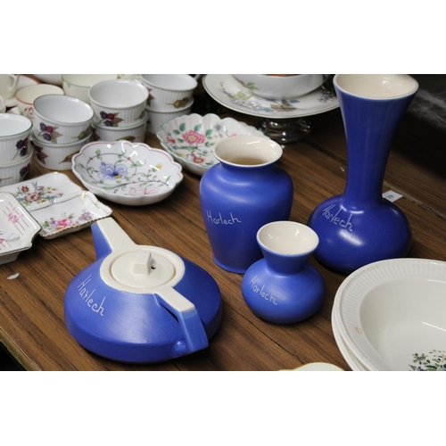 1258 - FOUR PIECES OF DEVONMOOR POTTERY WITH 'HARLECH' INSCRIPTION TO INCLUDE A TEAPOT AND THREE VASES