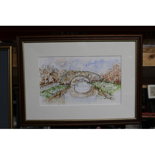 1274 - A SIGNED WATERCOLOUR OF A RIVER AND BRIDGE PLUS TWO PRINTS, 'CLOWNS ET JEUX DE FLEURS', SIGNED AND A... 