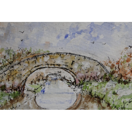 1274 - A SIGNED WATERCOLOUR OF A RIVER AND BRIDGE PLUS TWO PRINTS, 'CLOWNS ET JEUX DE FLEURS', SIGNED AND A... 