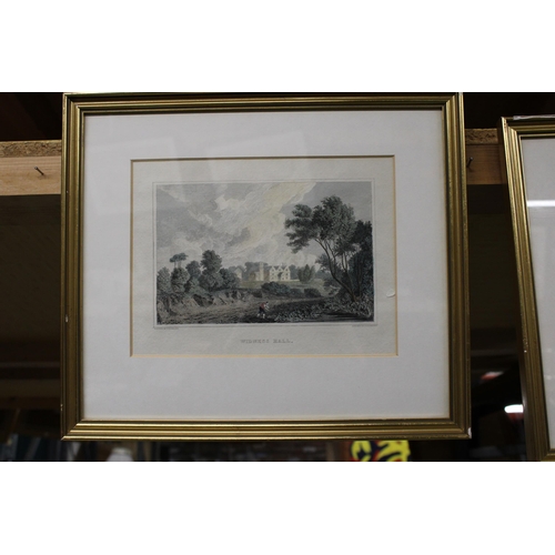 1295 - TWO VINTAGE COLOURED ENGRAVINGS, 'MOSLEYES HALL' AND 'WIDNESS HALL', FRAMED