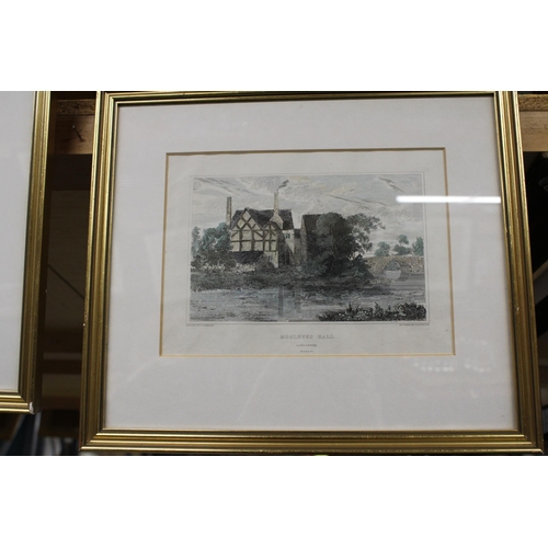 1295 - TWO VINTAGE COLOURED ENGRAVINGS, 'MOSLEYES HALL' AND 'WIDNESS HALL', FRAMED