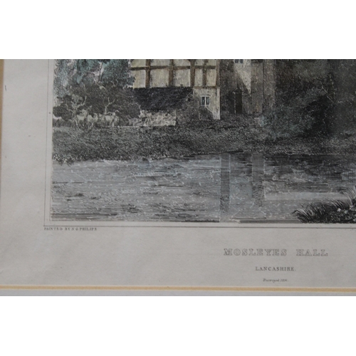 1295 - TWO VINTAGE COLOURED ENGRAVINGS, 'MOSLEYES HALL' AND 'WIDNESS HALL', FRAMED