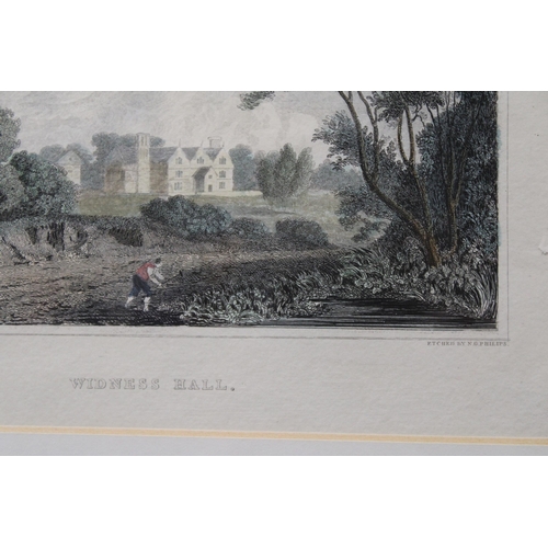 1295 - TWO VINTAGE COLOURED ENGRAVINGS, 'MOSLEYES HALL' AND 'WIDNESS HALL', FRAMED