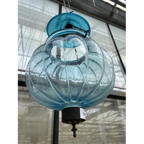 1527 - A BLUE GLASS HANGING CANDLE LANTERN MARKED 'VAL SYLAMBLRI BEST CRYSTAL GLASS MADE IN BELGIUM'