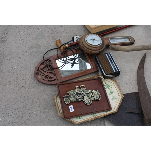 2115 - AN ASSORTMENT OF ITEMS TO INCLUDE A BAROMETER, MIRROR AND VINTAGE TINS ETC