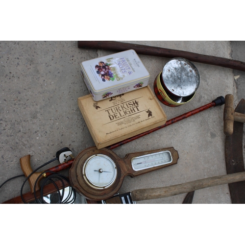 2115 - AN ASSORTMENT OF ITEMS TO INCLUDE A BAROMETER, MIRROR AND VINTAGE TINS ETC