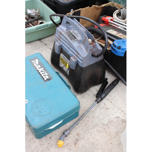 2141 - AN ASSORTMENT OF ITEMS TO INCLUDE A POWER SPRAYER, A MAKITA TOOL BOX AND A TILE CUTTER ETC