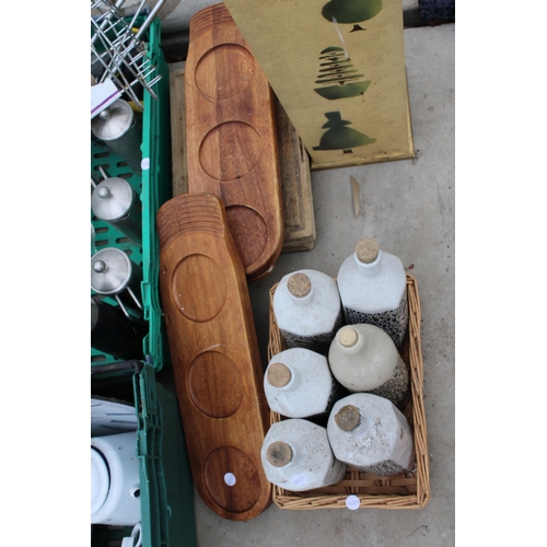 2186 - AN ASSORTMENT OF ITEMS TO INCLUDE SERVING BOARDS AND STONEWARE BOTTLES ETC