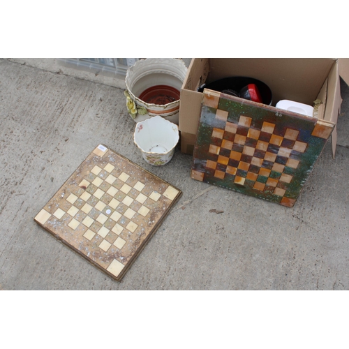 2221 - A COLLECTION OF HOUSEHOLD ITEMS TO INCLUDE TWO CHESS BOARDS, PLANTERS, ETC