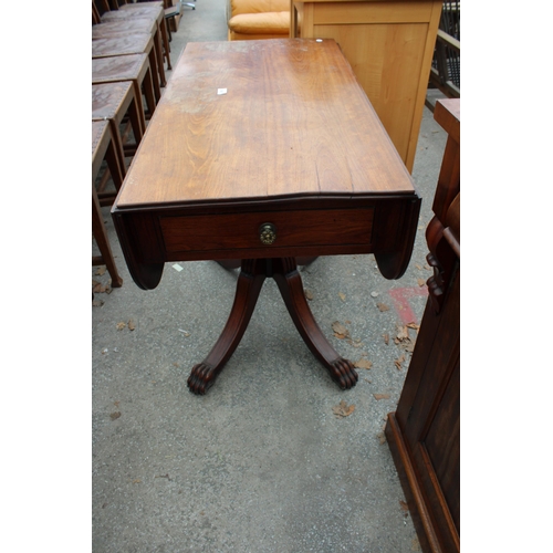 2647 - A 19TH CENTURY MAHOGANY DROP LEAF PEDESTAL TABLE WITH ONE DRAWER AND ONE SHAM DRAWER ON SHAM FEET