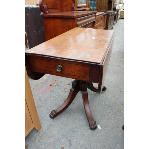 2647 - A 19TH CENTURY MAHOGANY DROP LEAF PEDESTAL TABLE WITH ONE DRAWER AND ONE SHAM DRAWER ON SHAM FEET