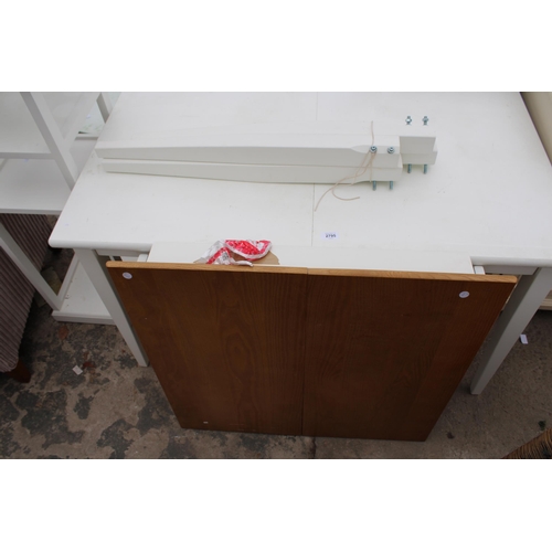 2795 - A WHITE PAINTED KITCHEN TABLE, SMALLER TABLE WITH WOODEN TOP AND OPEN DISPLAY UNIT