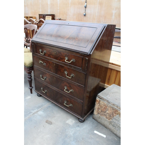 2864 - A REPRODUCTION MAHOGANY BUREAU WITH FITTED INTERIOR AND FOUR GRADUATED DRAWERS TO BASE 30