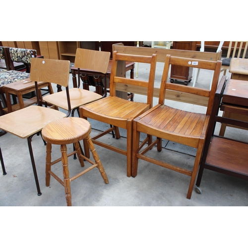 2867 - A PINE STOOL, TWO BENTWOOD STACKING CHAIRS AND A PAIR OF BEECH KITCHEN CHAIRS WITH SLATTED SEATS