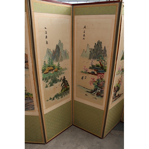 2901 - AN ORIENTAL SIX DIVISION SCREEN WITH TAPESTRY AND SILK MOUNTAIN SCENES EACH SECTION IS 60