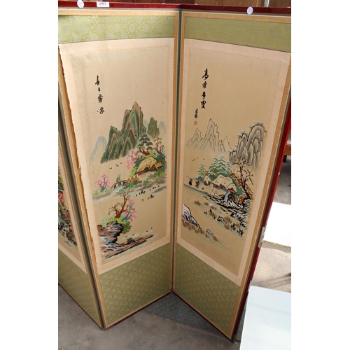 2901 - AN ORIENTAL SIX DIVISION SCREEN WITH TAPESTRY AND SILK MOUNTAIN SCENES EACH SECTION IS 60