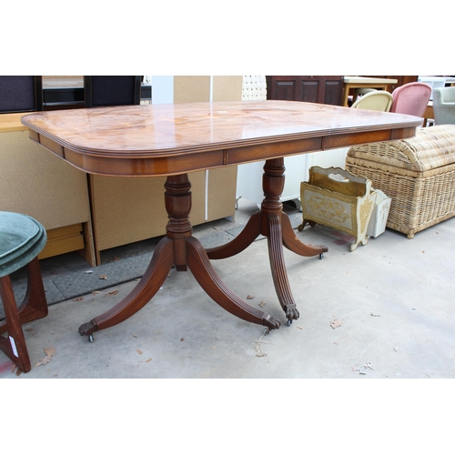 2923 - A MODERN YEW WOOD TWIN PEDESTAL DINING TABLE