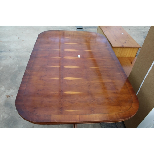 2923 - A MODERN YEW WOOD TWIN PEDESTAL DINING TABLE