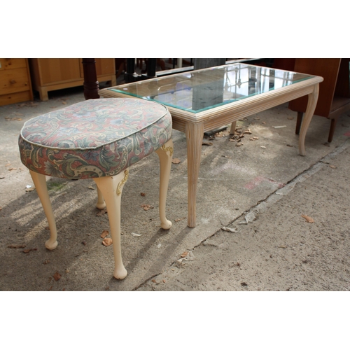 2967 - A LIMED COFFEE TABLE WITH GLASS TOP AND A STOOL ON CABRIOLE LEGS