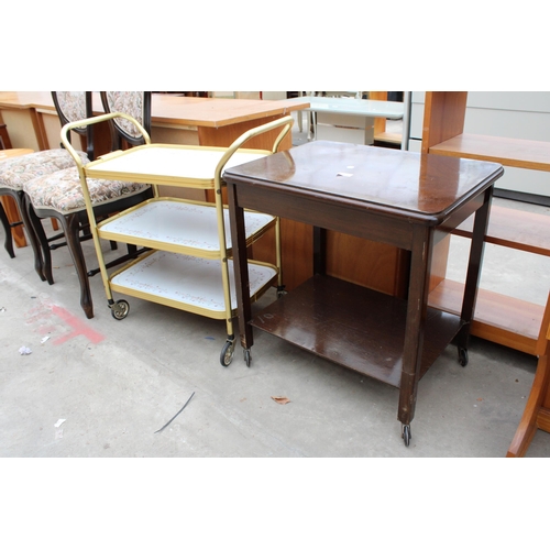 2978 - A THREE TIER TROLLEY, PAIR OF DINING CHAIRS AND A TWO TIER OCCASIONAL TABLE