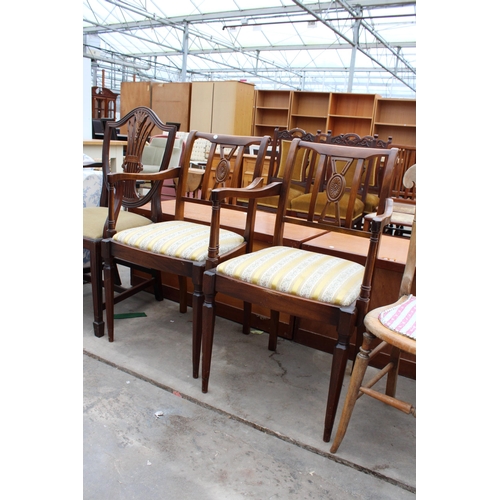 2993 - A VICTORIAN BEDROOM CHAIR AND THREE MAHOGANY DINING CHAIRS